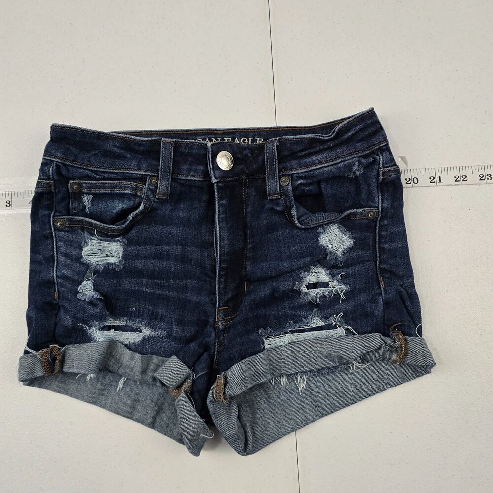 American Eagle hi-rise shortie shorts womens blue denim 6 distressed 5256